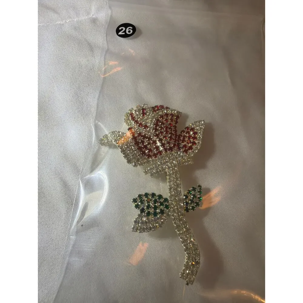 Large Red Rose Brooch Clear Red Green Rhinestones Silver Tone Flower Pin VTG